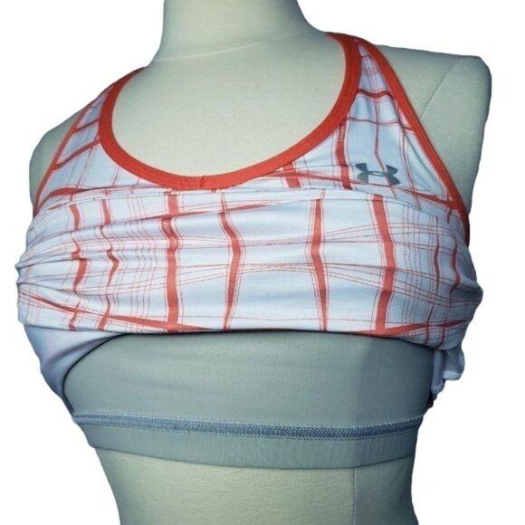 Under Armour Womens T-Back Tank S Orange Plaid Built-In Shelf Bra Athletic Top - Picture 3 of 9